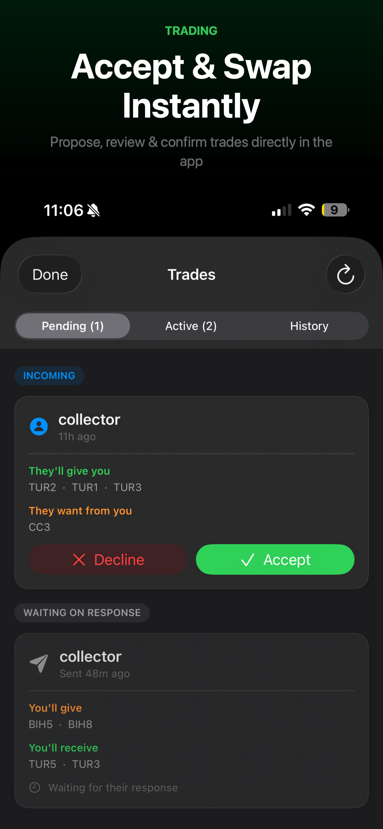 Trades screen
